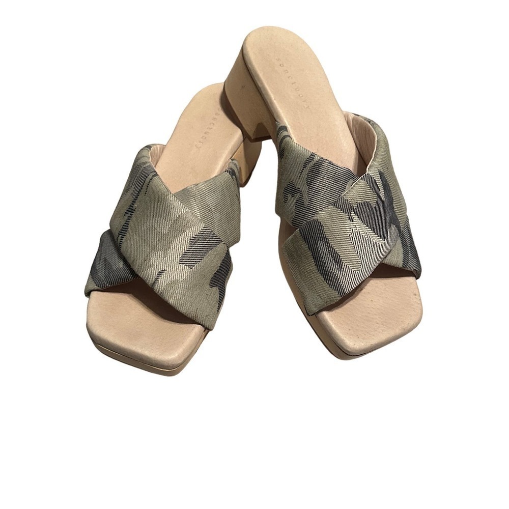 Sanctuary Lively Fabric Leather Square Toe Block Heel Slide Sandals Sz7